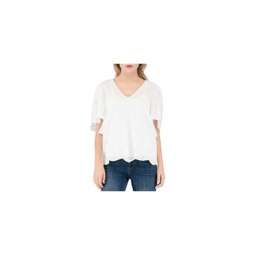 B COLLECTION Womens White Scalloped Partially Lined Flutter Sleeve V Neck Top XS